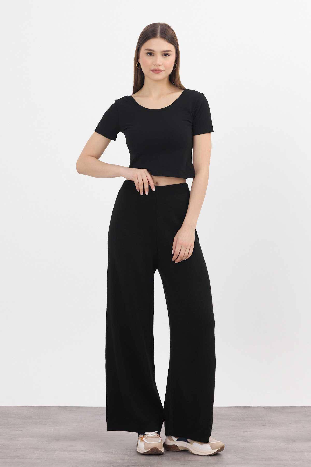23274 Geniş Paça Triko Pantolon Siyah - 1
