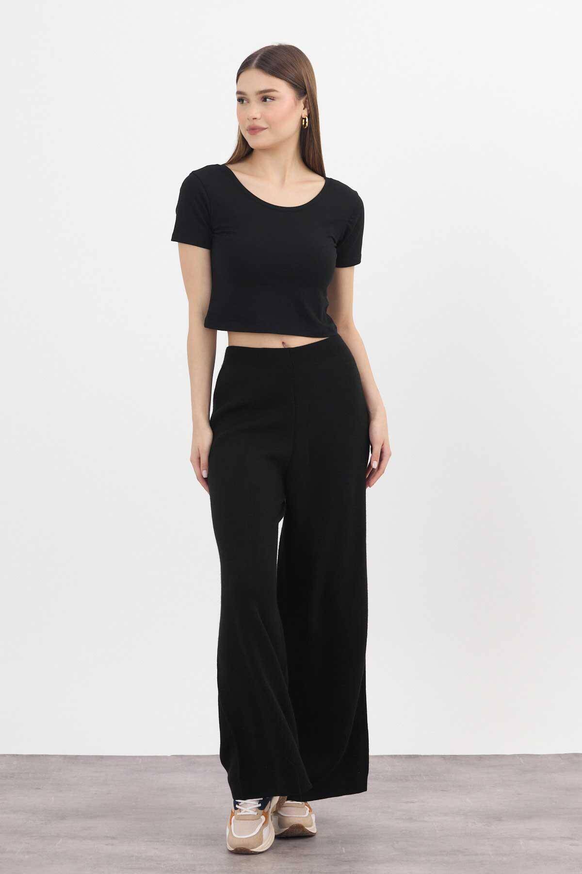 23274 Geniş Paça Triko Pantolon Siyah - 2
