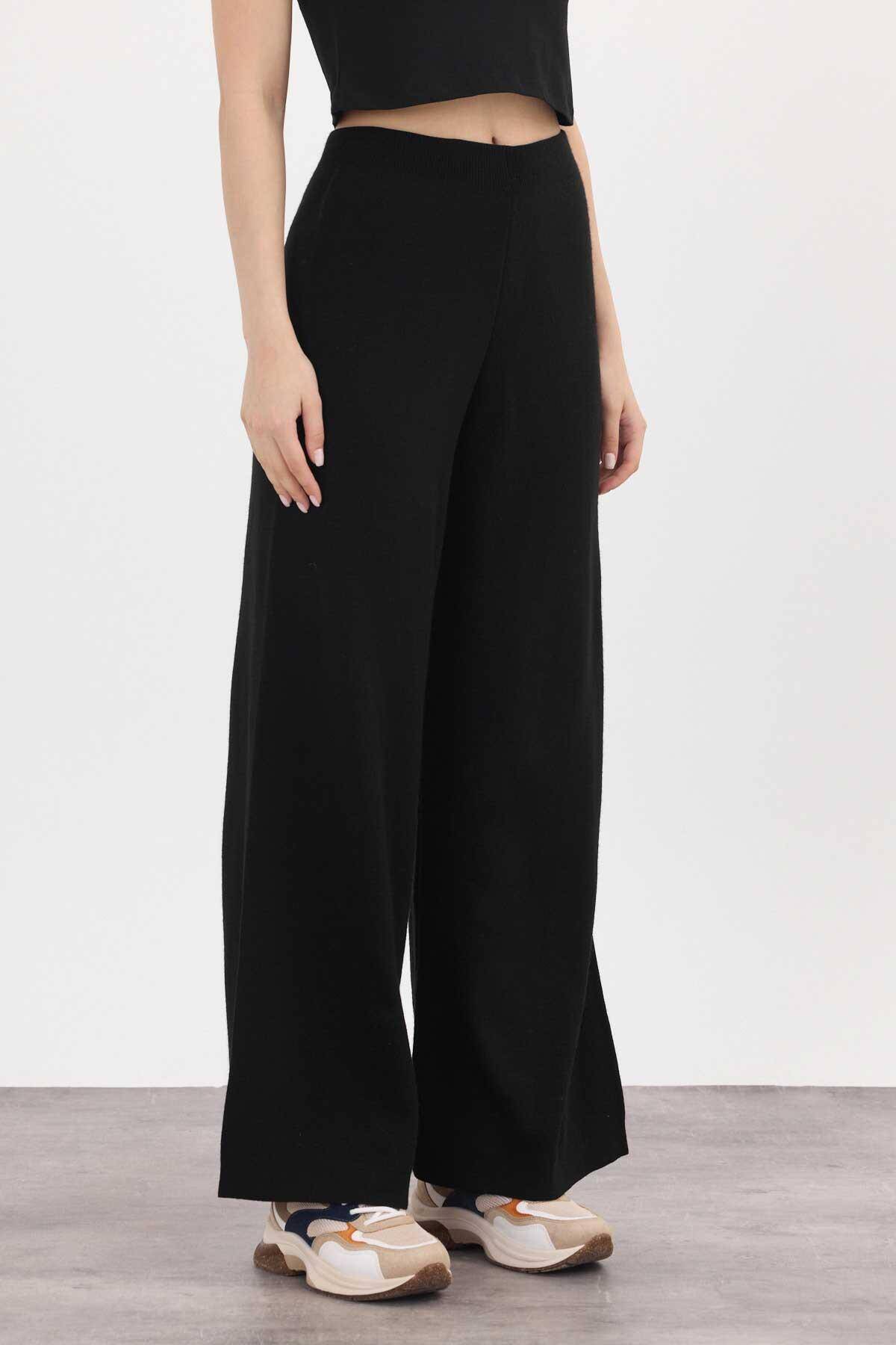 23274 Geniş Paça Triko Pantolon Siyah - 5