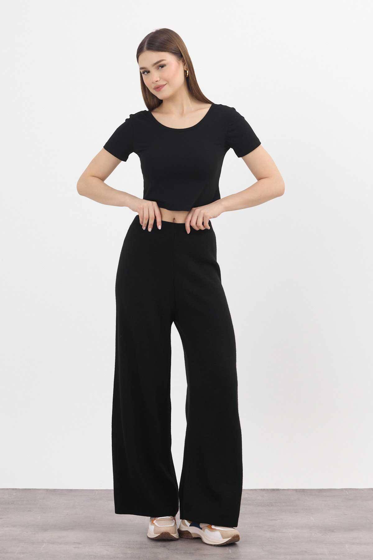 23274 Geniş Paça Triko Pantolon Siyah - 8
