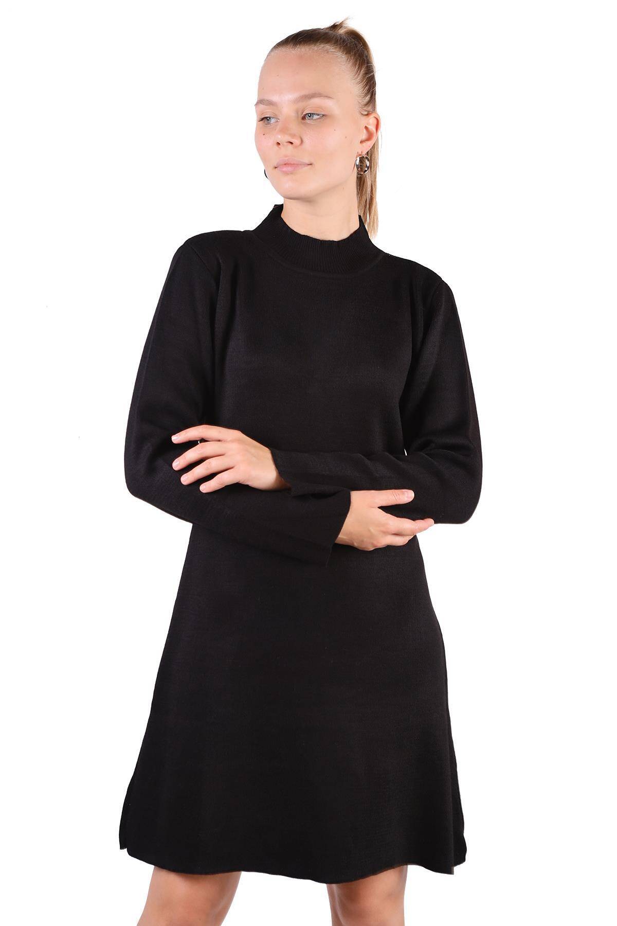 24151 Yarım Boğaz Kısa Triko Elbise Siyah - Stilay