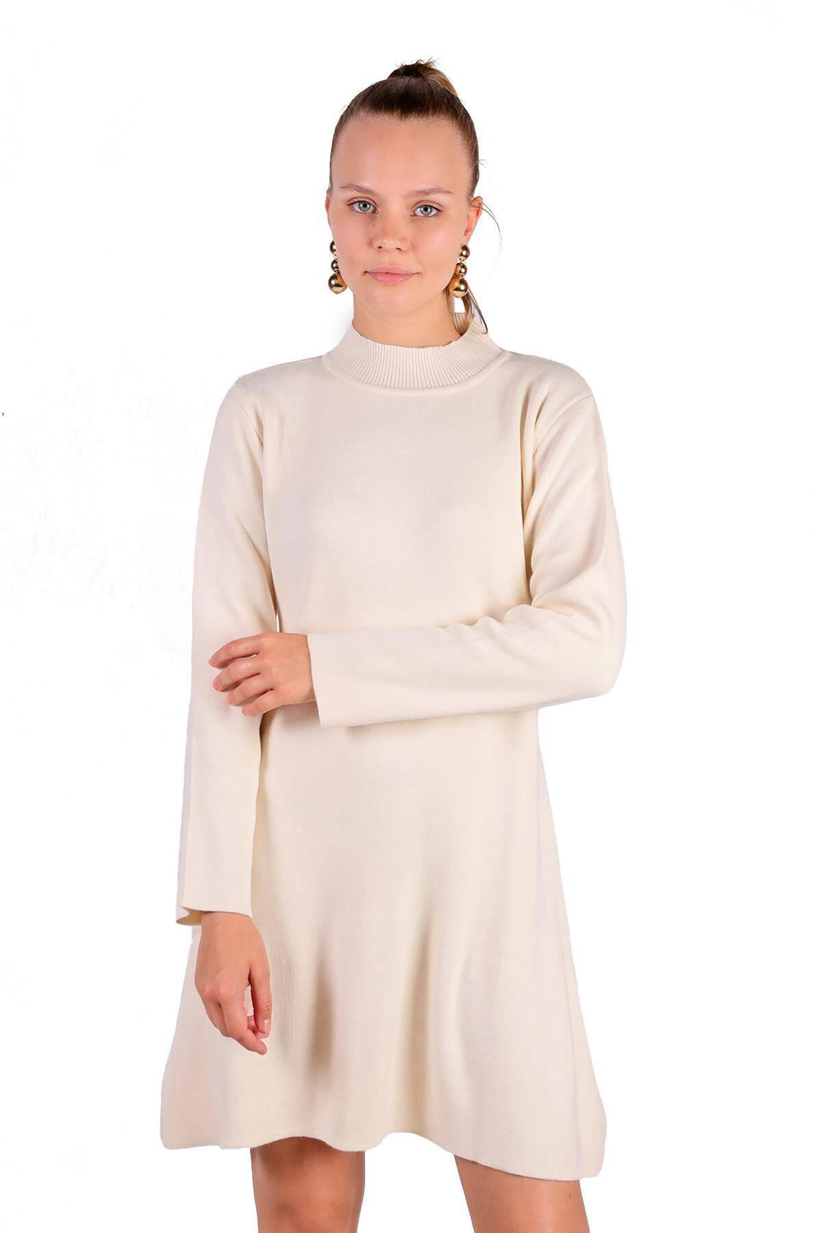 24151 Yarım Boğaz Kısa Triko Elbise Taş - Stilay