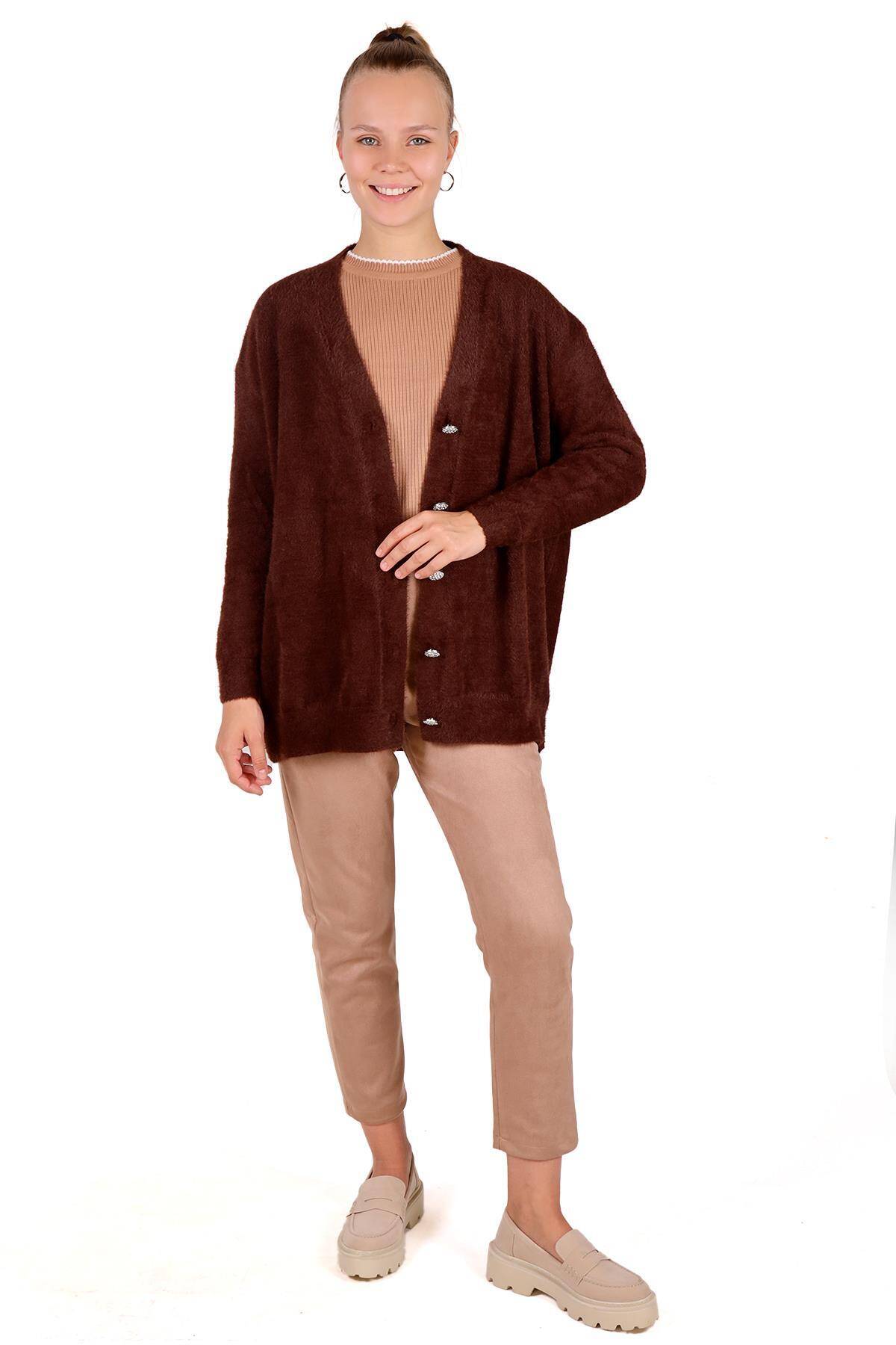 24153 Sakallı Düğme Detay Hırka Kahve - Stilay