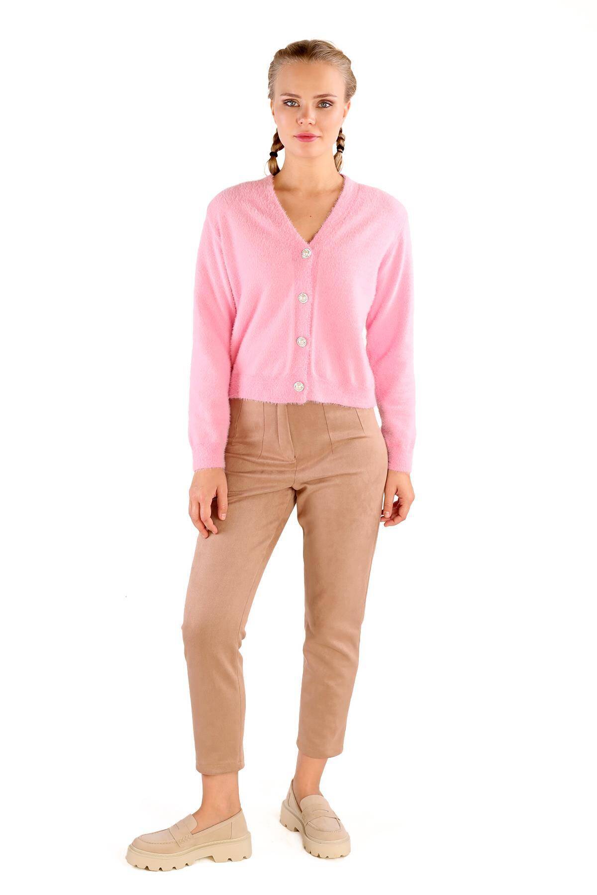 24170 Düğme Detay Sakallı Kısa Hırka Pembe - Stilay