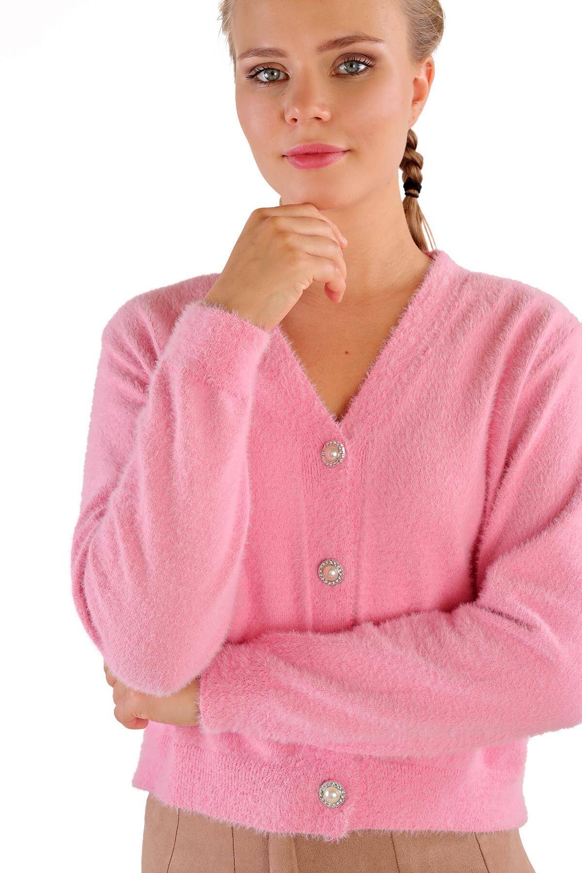24170 Düğme Detay Sakallı Kısa Hırka Pembe - 3