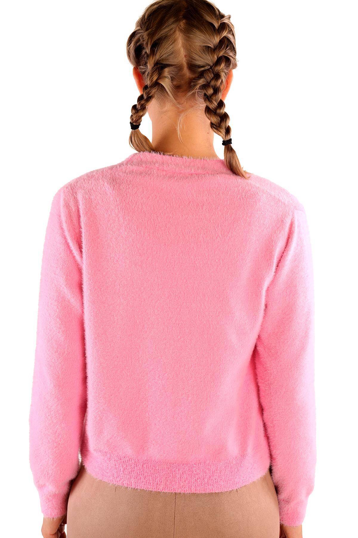 24170 Düğme Detay Sakallı Kısa Hırka Pembe - 5