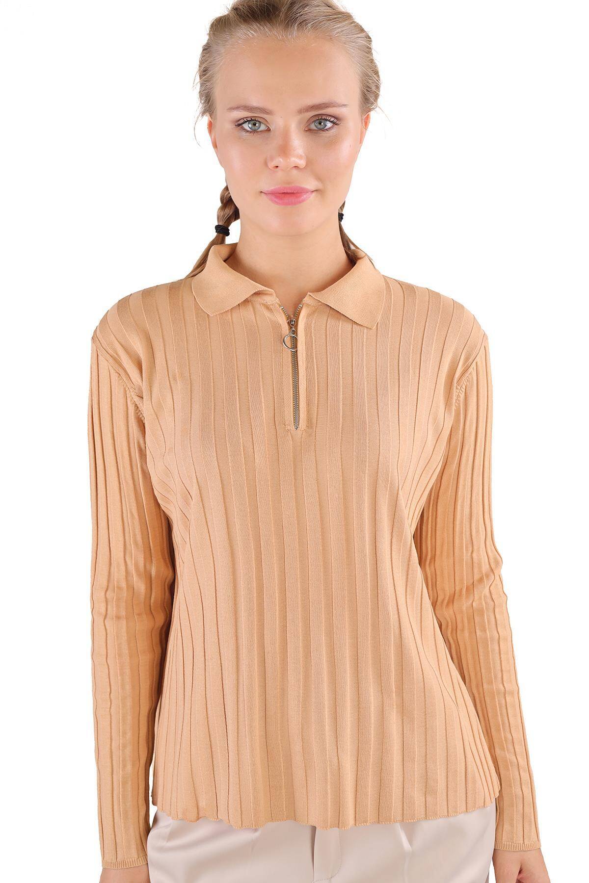 24199 Fermuar Detay Fitilli Kazak Camel - 1