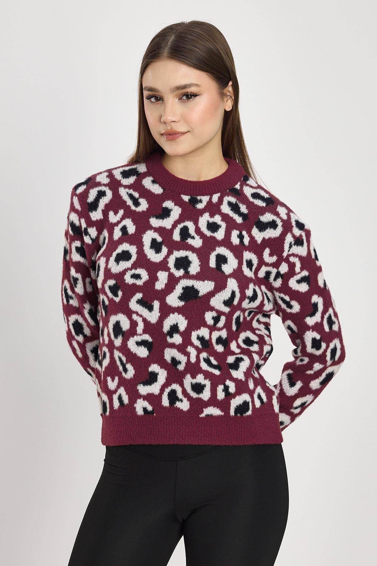 24342 Leopar Detay Triko Kazak Bordo - Stilay