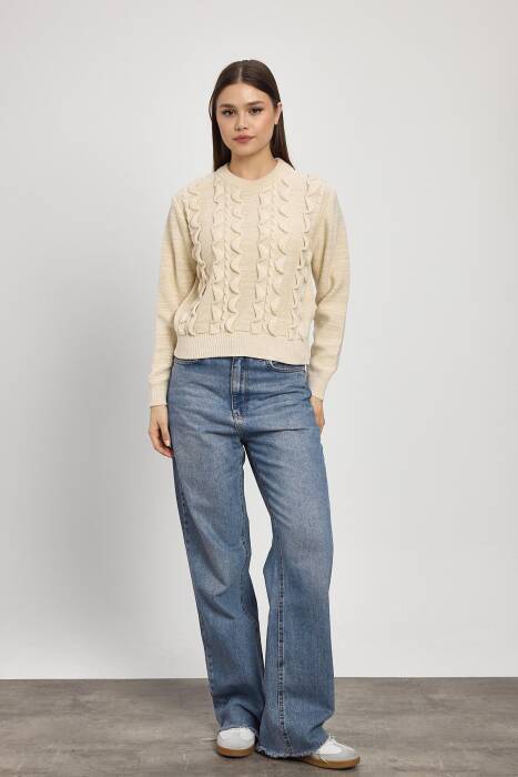 24364 Simli Fırfır Detay Kazak Bej - Stilay