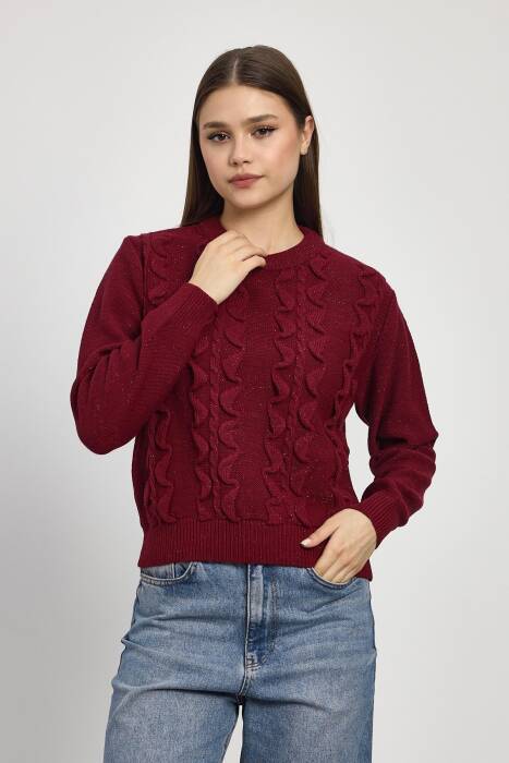 24364 Simli Fırfır Detay Kazak Bordo - Stilay