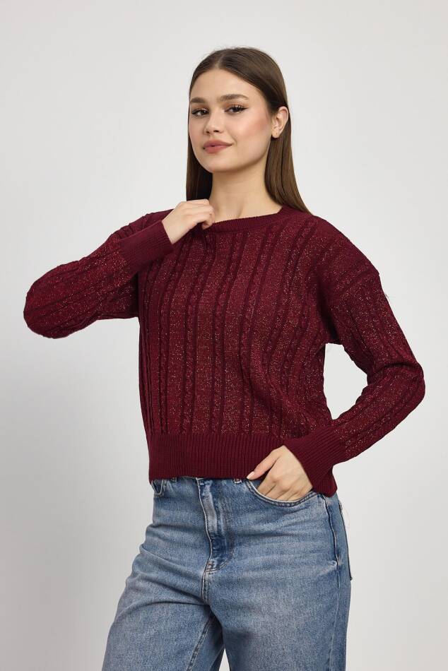 24366 Örgü Detay Simli Triko Kazak Bordo - 6