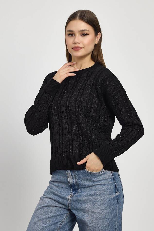 24366 Örgü Detay Simli Triko Kazak Siyah - 8