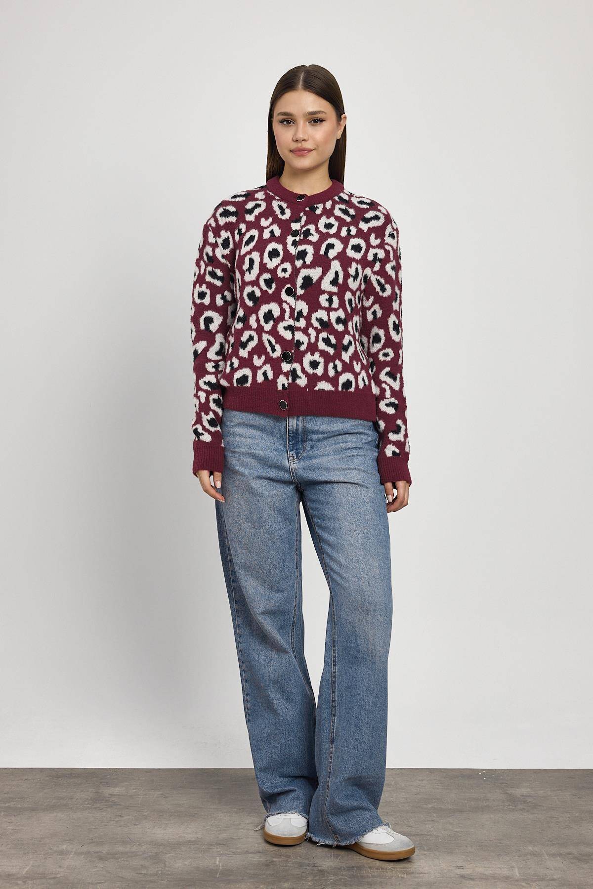 24367 Leopar Detay Triko Hırka Bordo - Stilay