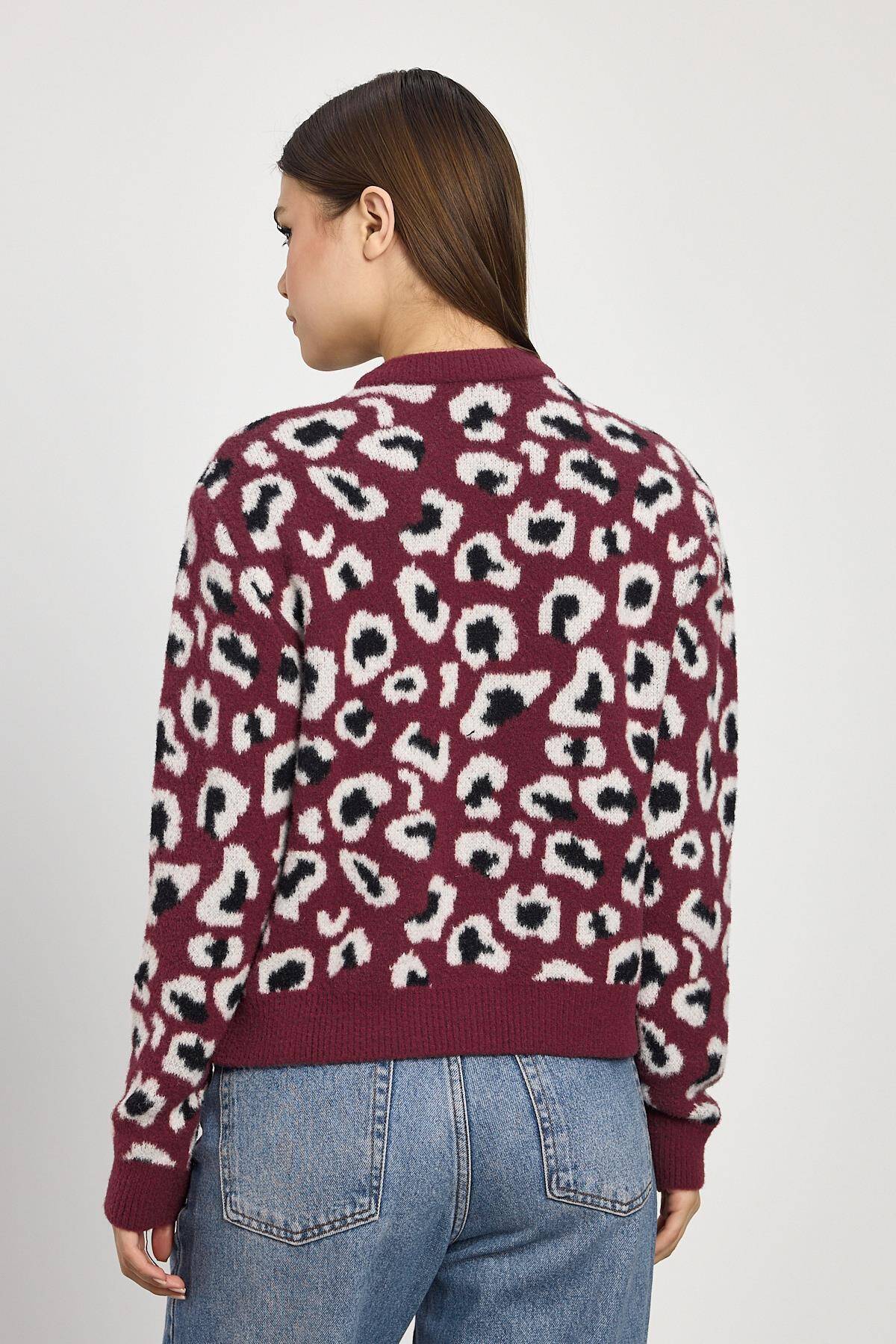 24367 Leopar Detay Triko Hırka Bordo - 5