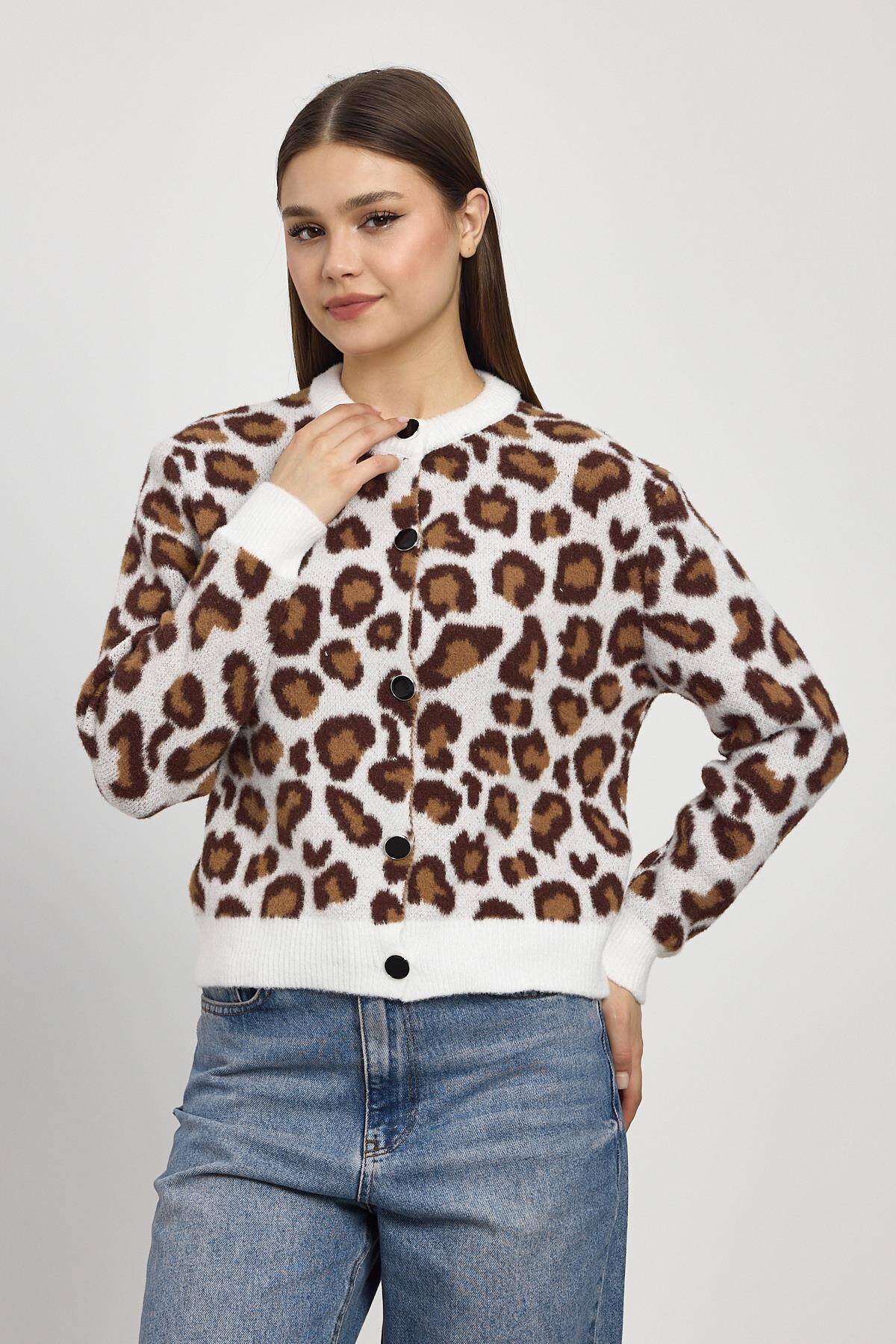 24367 Leopar Detay Triko Hırka Ekru - 8
