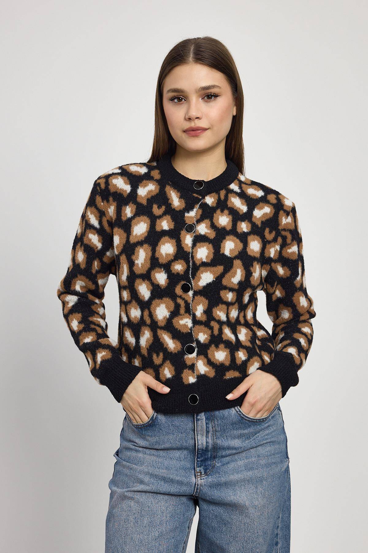 24367 Leopar Detay Triko Hırka Siyah - 1