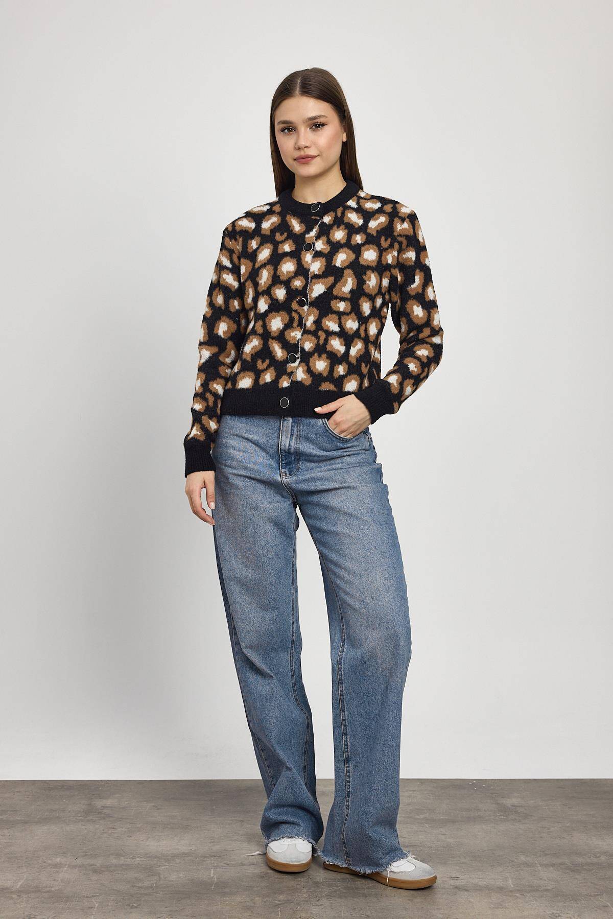 24367 Leopar Detay Triko Hırka Siyah - Stilay