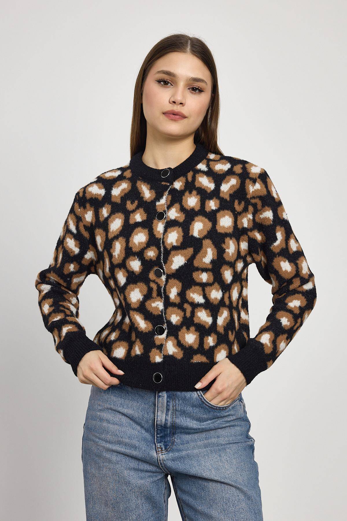 24367 Leopar Detay Triko Hırka Siyah - 7