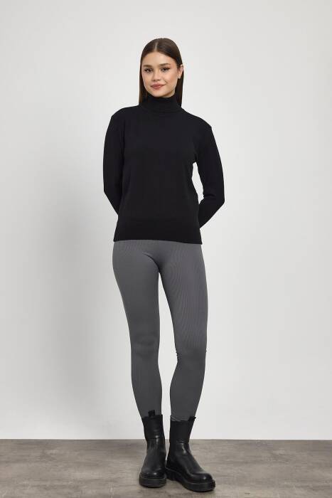 24369 Balıkçı Yaka Kol Detay Kazak Siyah - Stilay