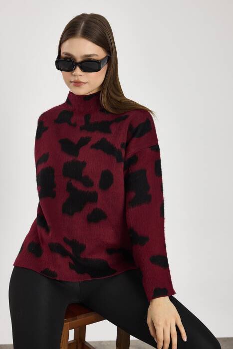 24371 Şardonlu Dik Yaka Leopar Kazak Bordo-Siyah 