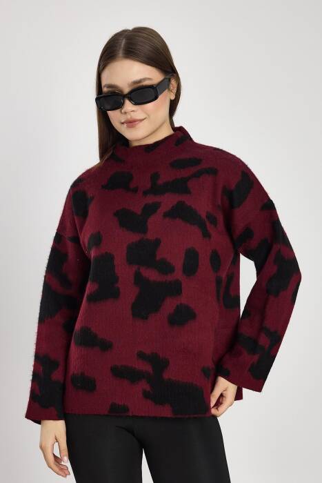 24371 Şardonlu Dik Yaka Leopar Kazak Bordo-Siyah - Stilay