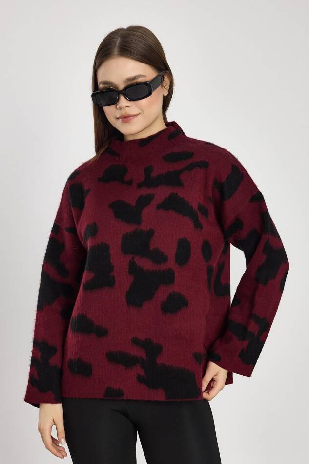 24371 Şardonlu Dik Yaka Leopar Kazak Bordo-Siyah - 2