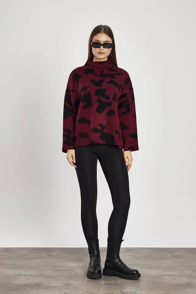 24371 Şardonlu Dik Yaka Leopar Kazak Bordo-Siyah - 3