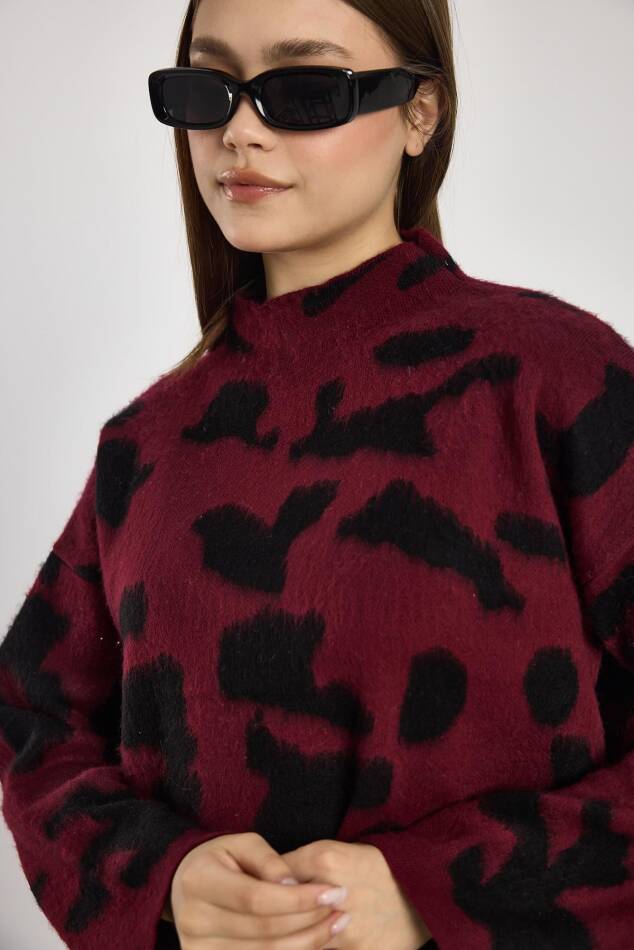 24371 Şardonlu Dik Yaka Leopar Kazak Bordo-Siyah - 4