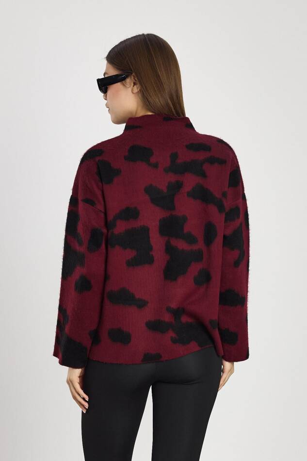 24371 Şardonlu Dik Yaka Leopar Kazak Bordo-Siyah - 5