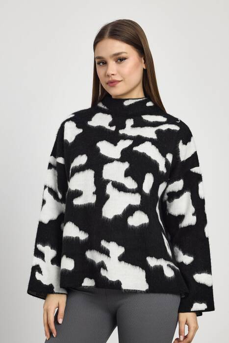 24371 Şardonlu Dik Yaka Leopar Kazak Siyah-Krem - Stilay