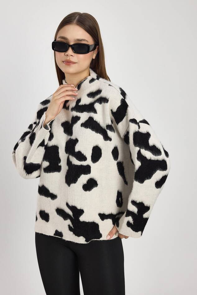 24371 Şardonlu Dik Yaka Leopar Kazak Taş-Siyah - 3