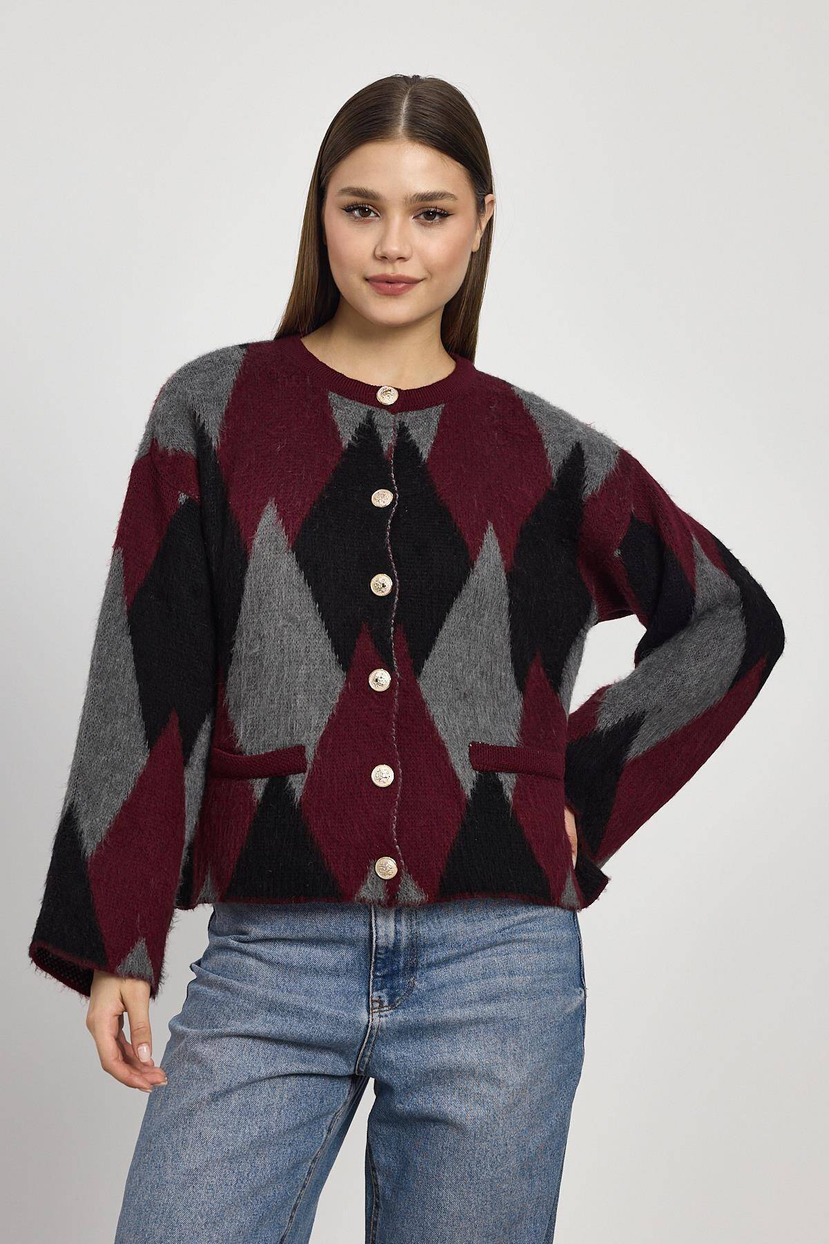 24375 Baklava Desenli Hırka Detay Kazak Bordo - Stilay