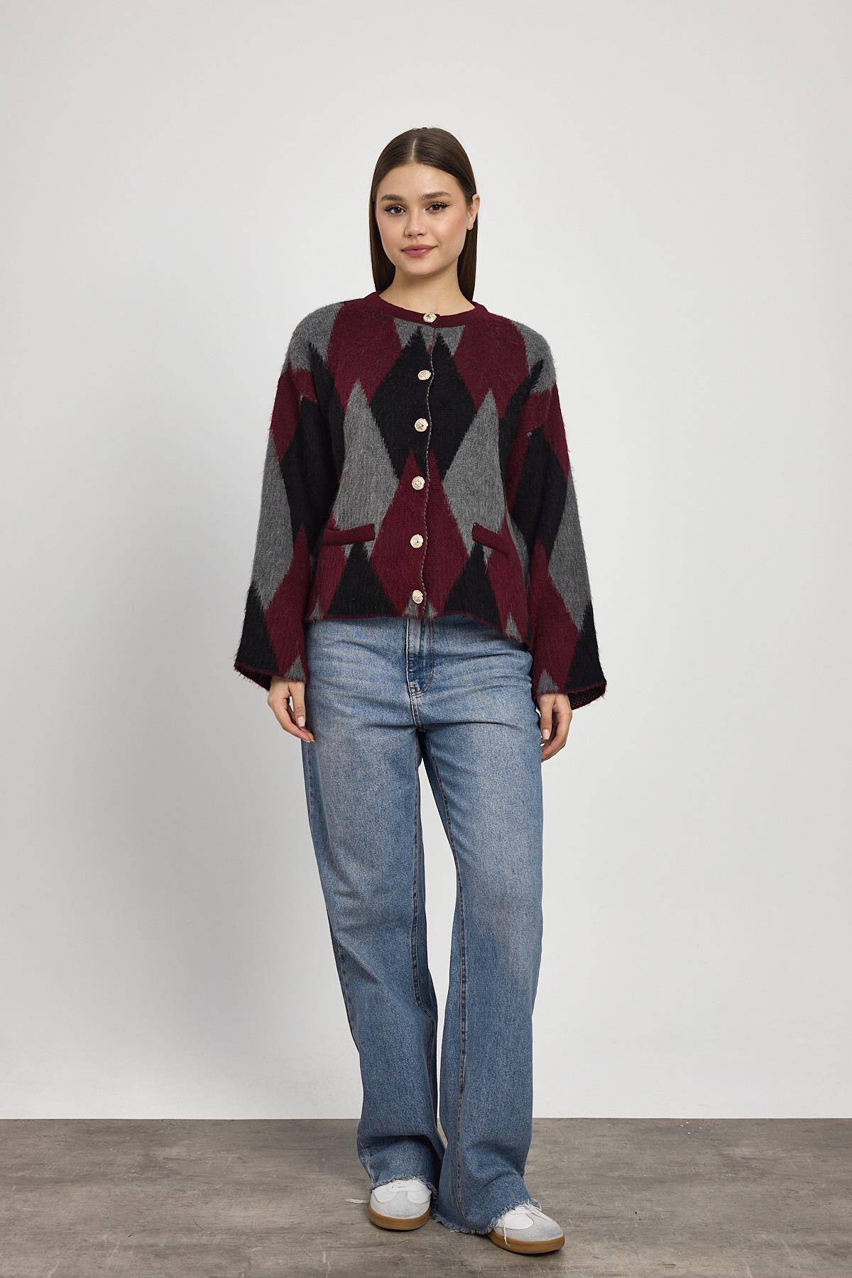 24375 Baklava Desenli Hırka Detay Kazak Bordo - Stilay