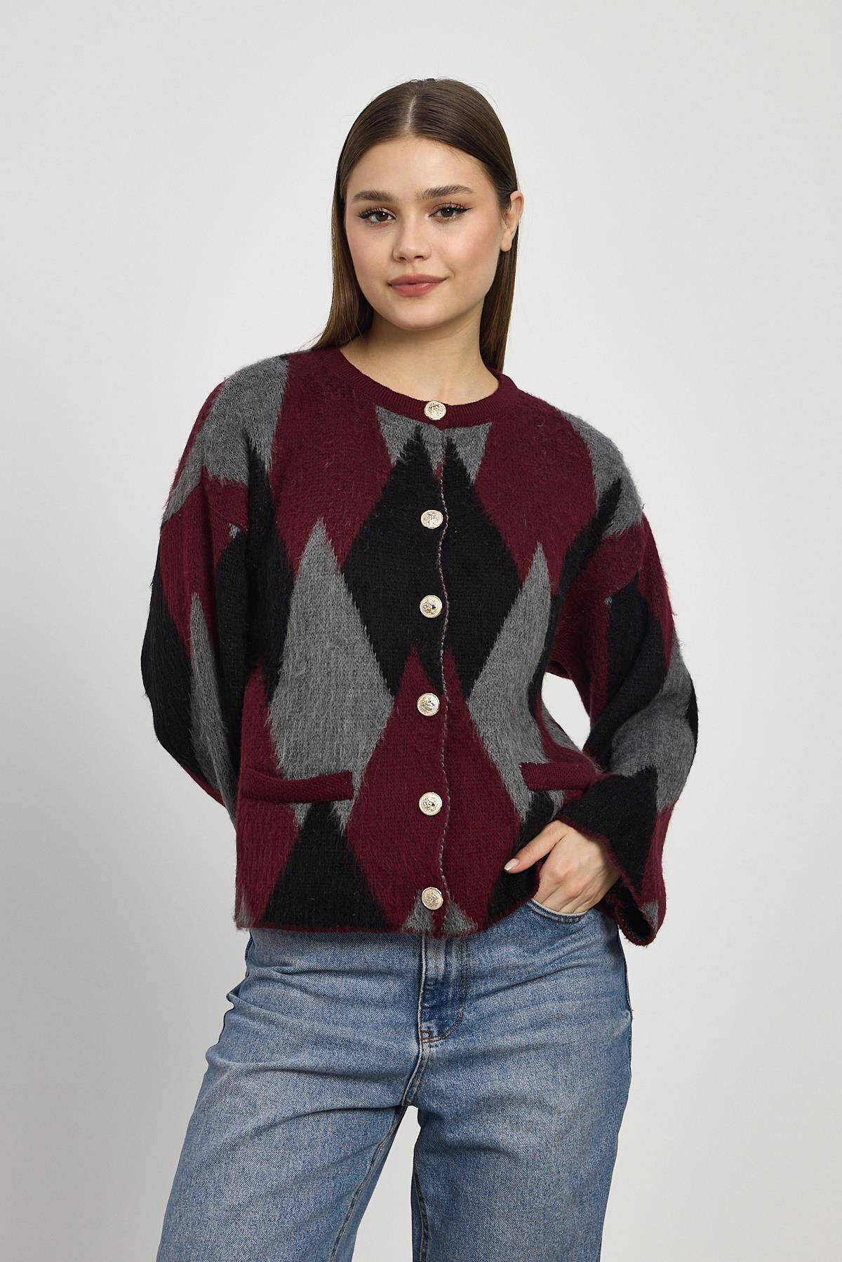 24375 Baklava Desenli Hırka Detay Kazak Bordo - 3