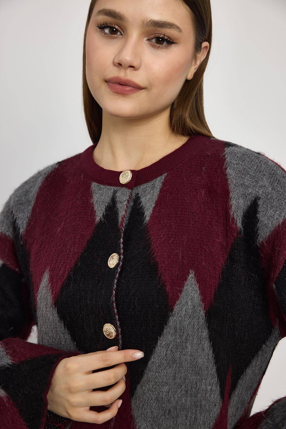 24375 Baklava Desenli Hırka Detay Kazak Bordo - 4