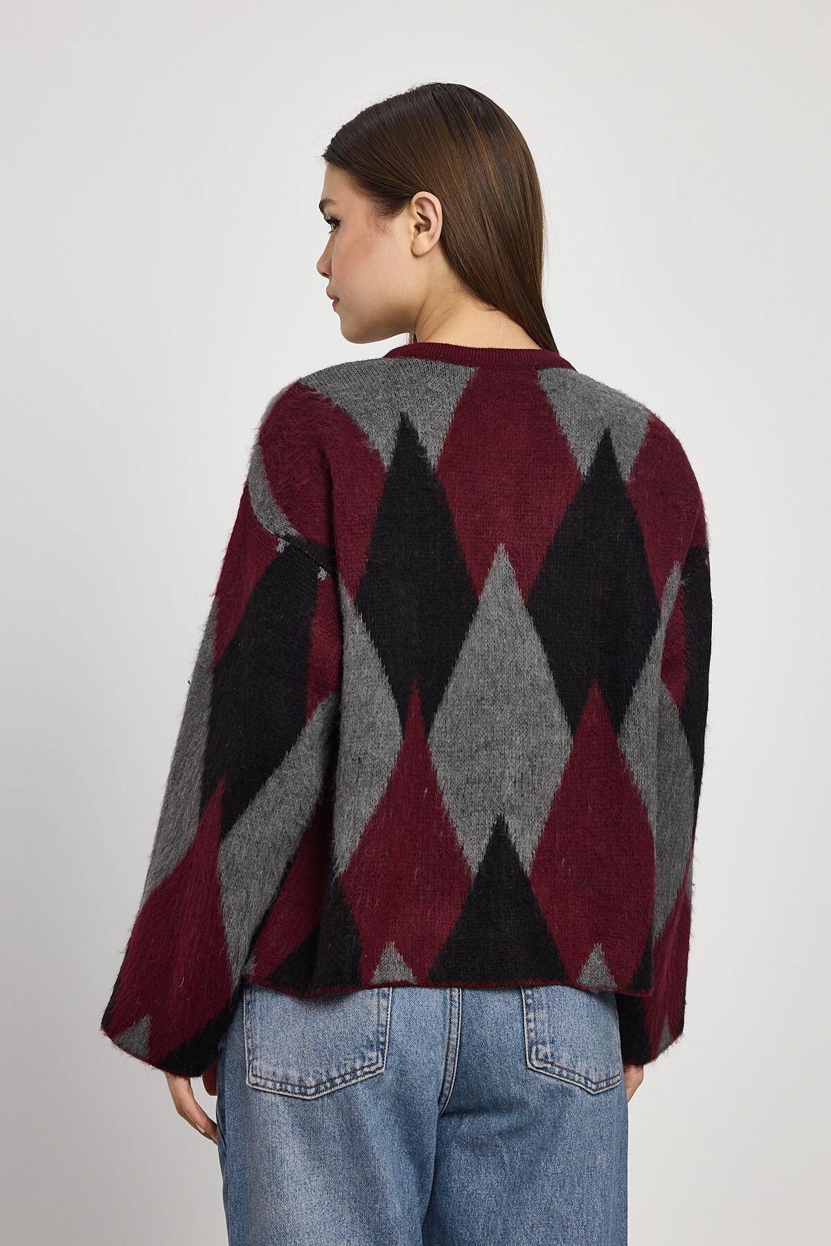 24375 Baklava Desenli Hırka Detay Kazak Bordo - 5