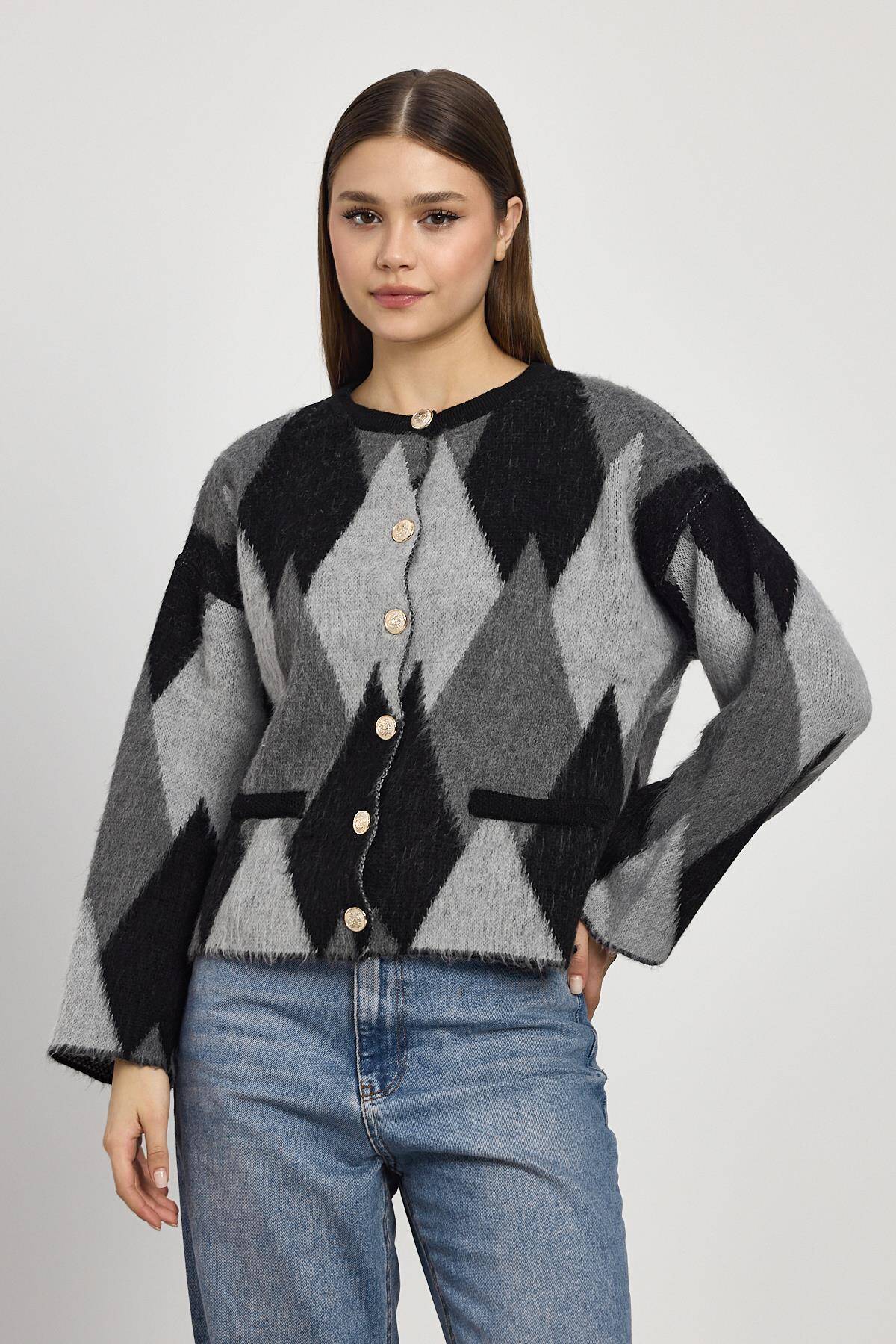 24375 Baklava Desenli Hırka Detay Kazak Siyah - Stilay