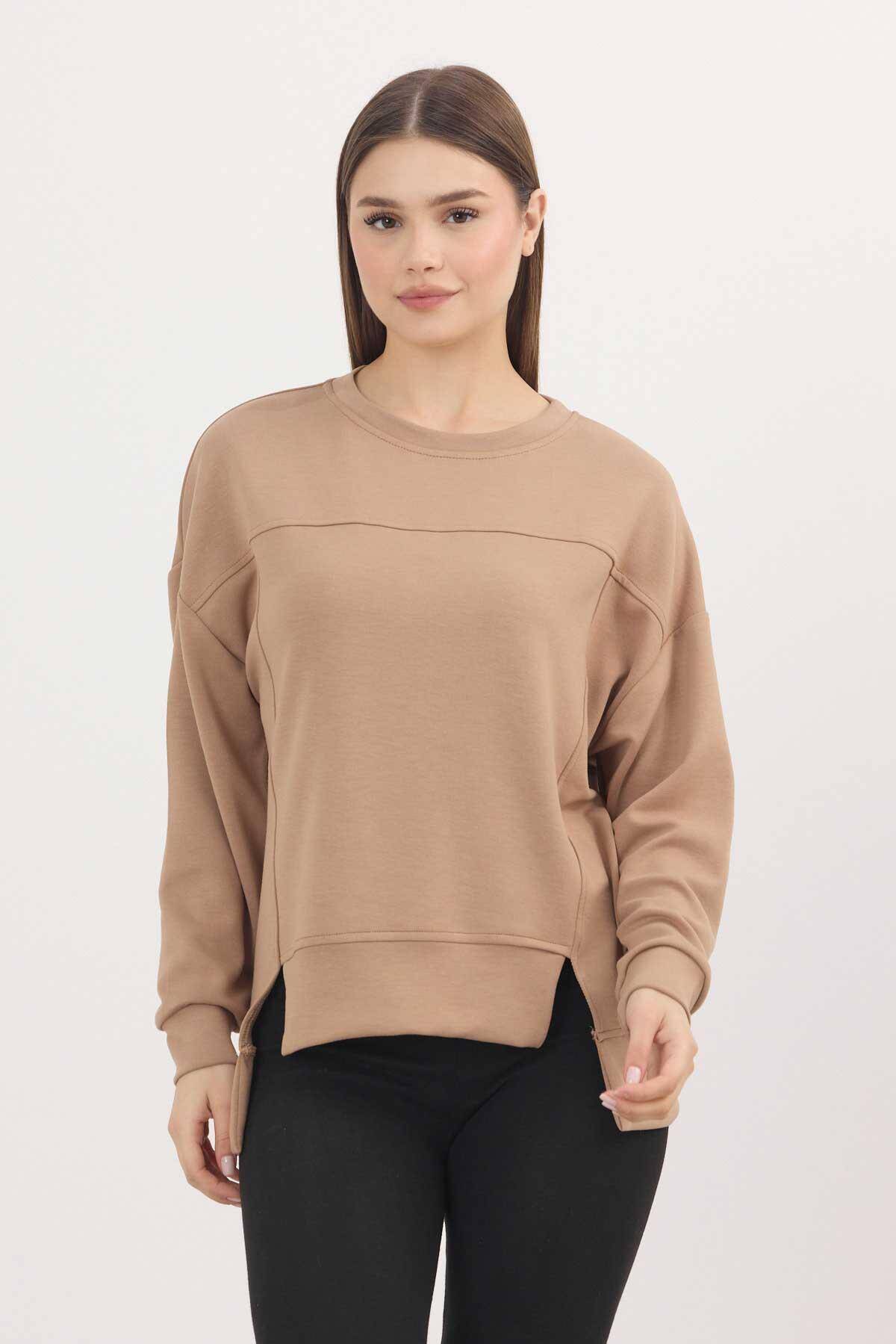 3000 Bisiklet Yaka Parçalı Sweat Camel - 1