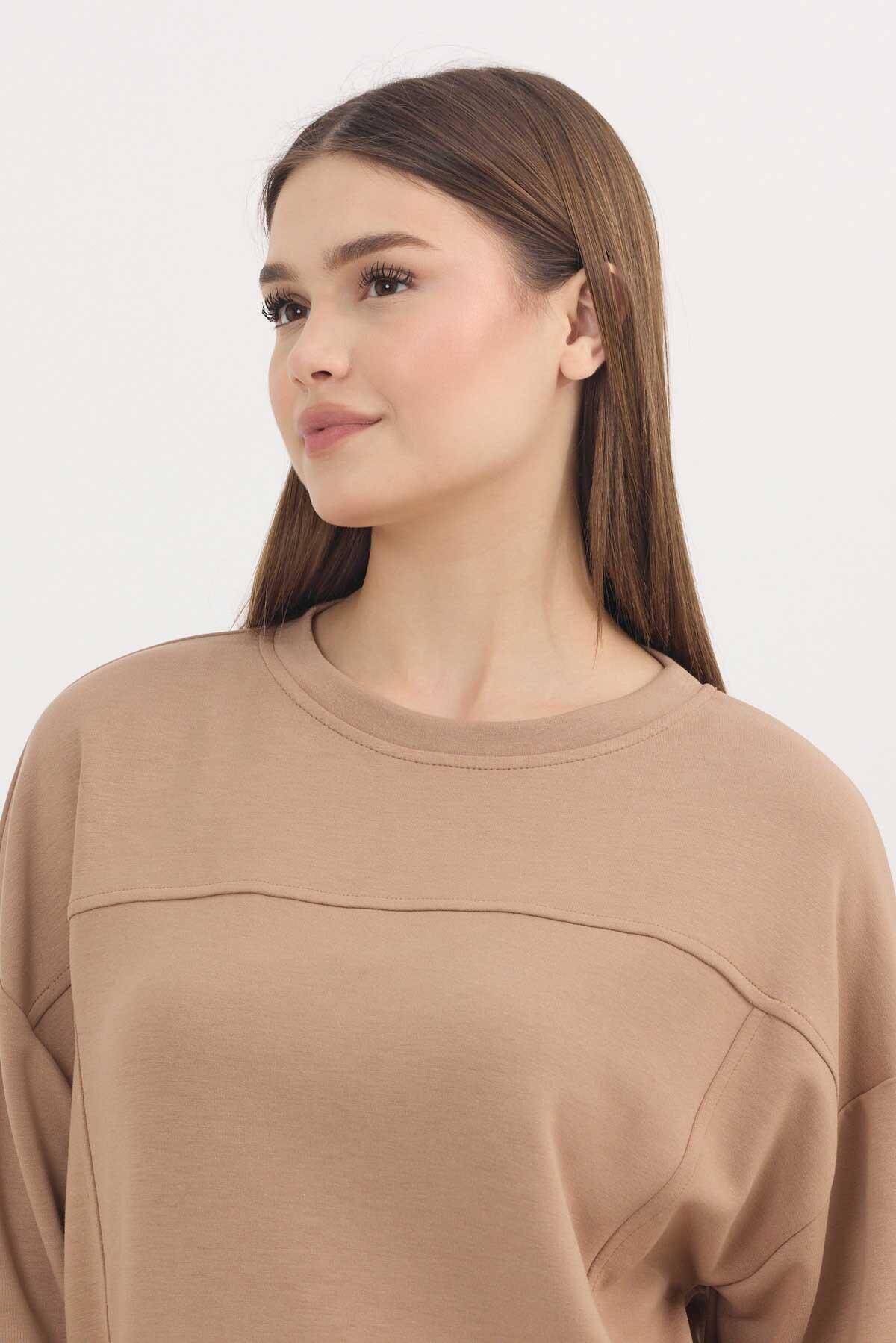 3000 Bisiklet Yaka Parçalı Sweat Camel - 5