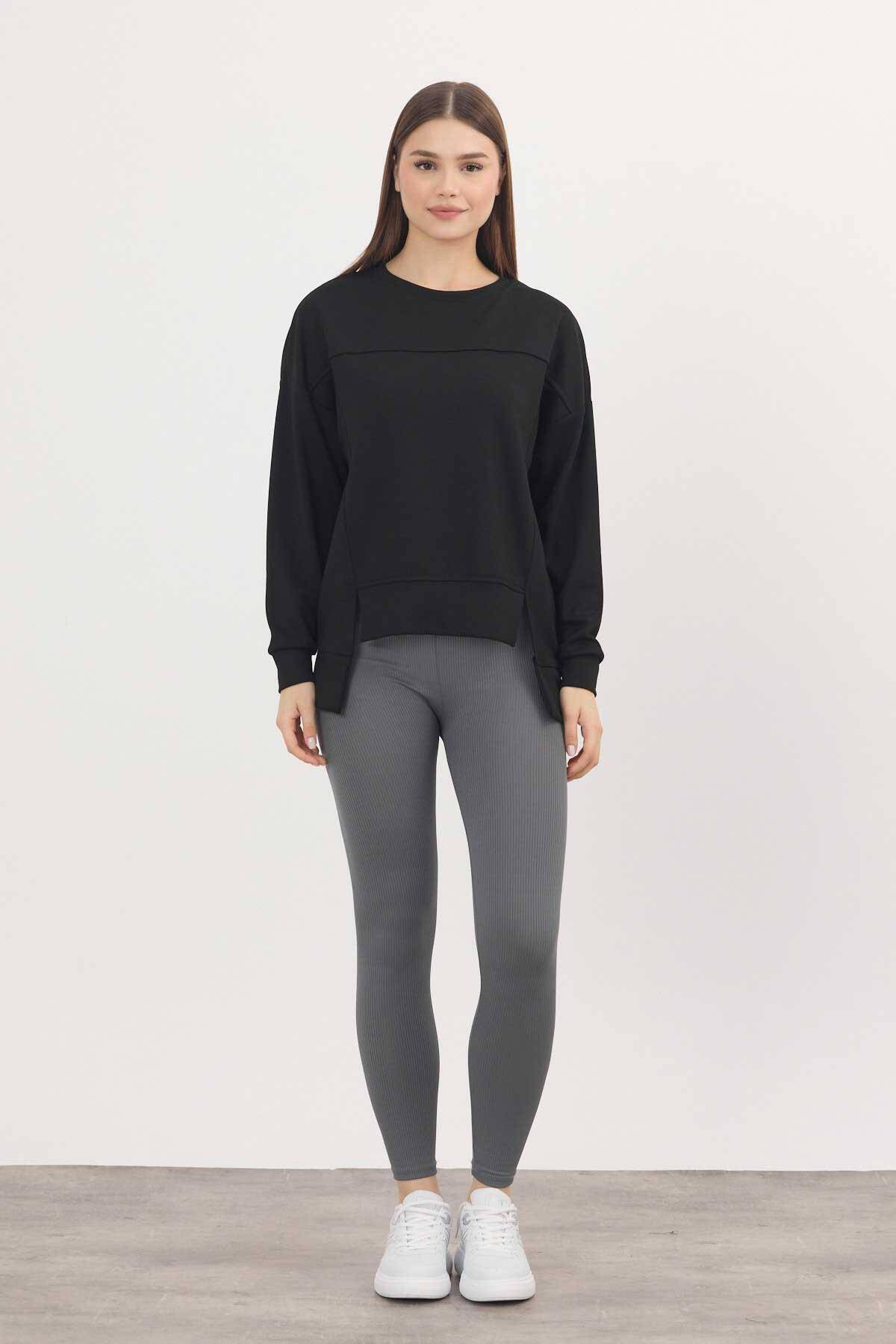 3000 Bisiklet Yaka Parçalı Sweat Siyah - Stilay