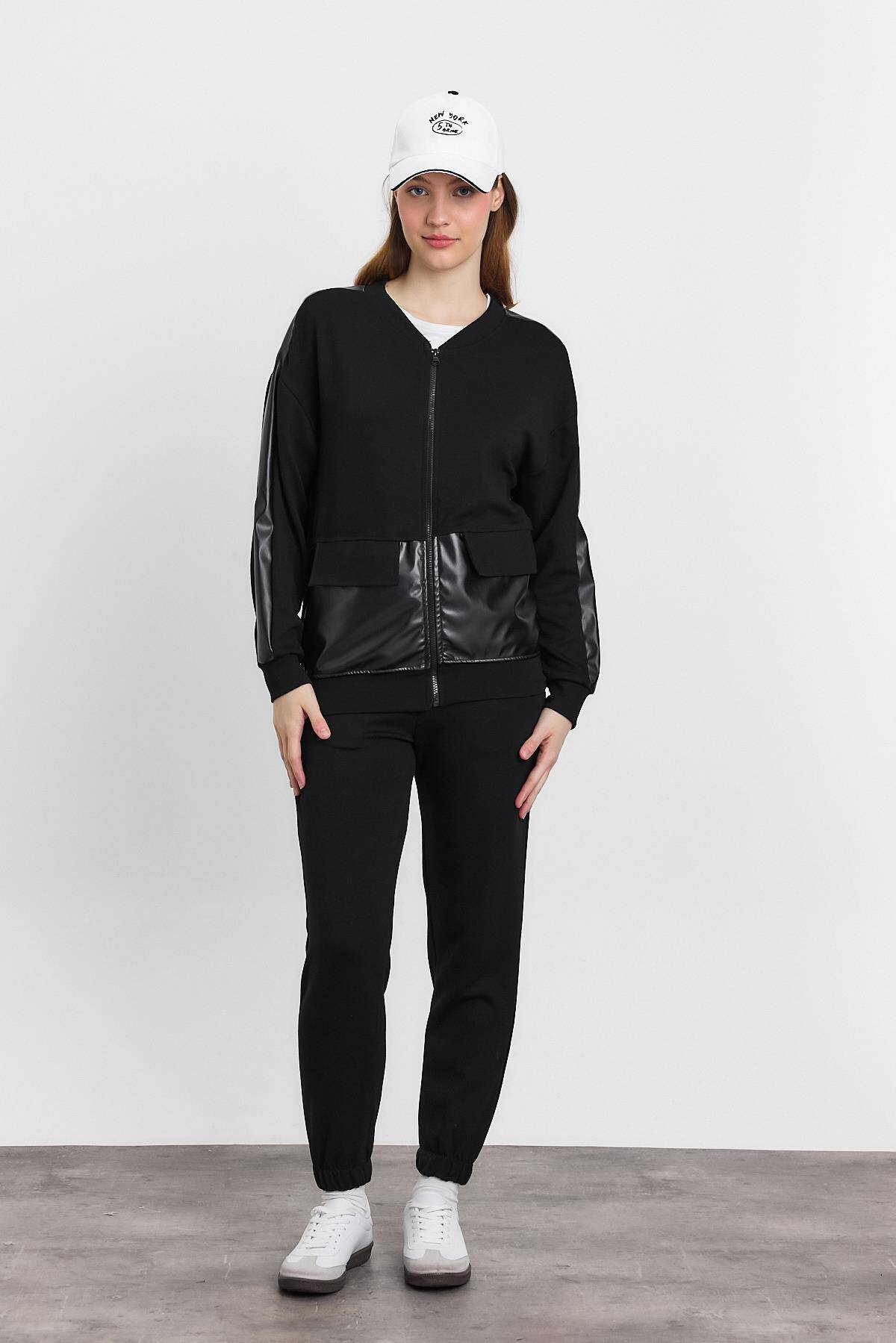 3010 Deri Garniili Fermuarlı Sweat Siyah - Stilay