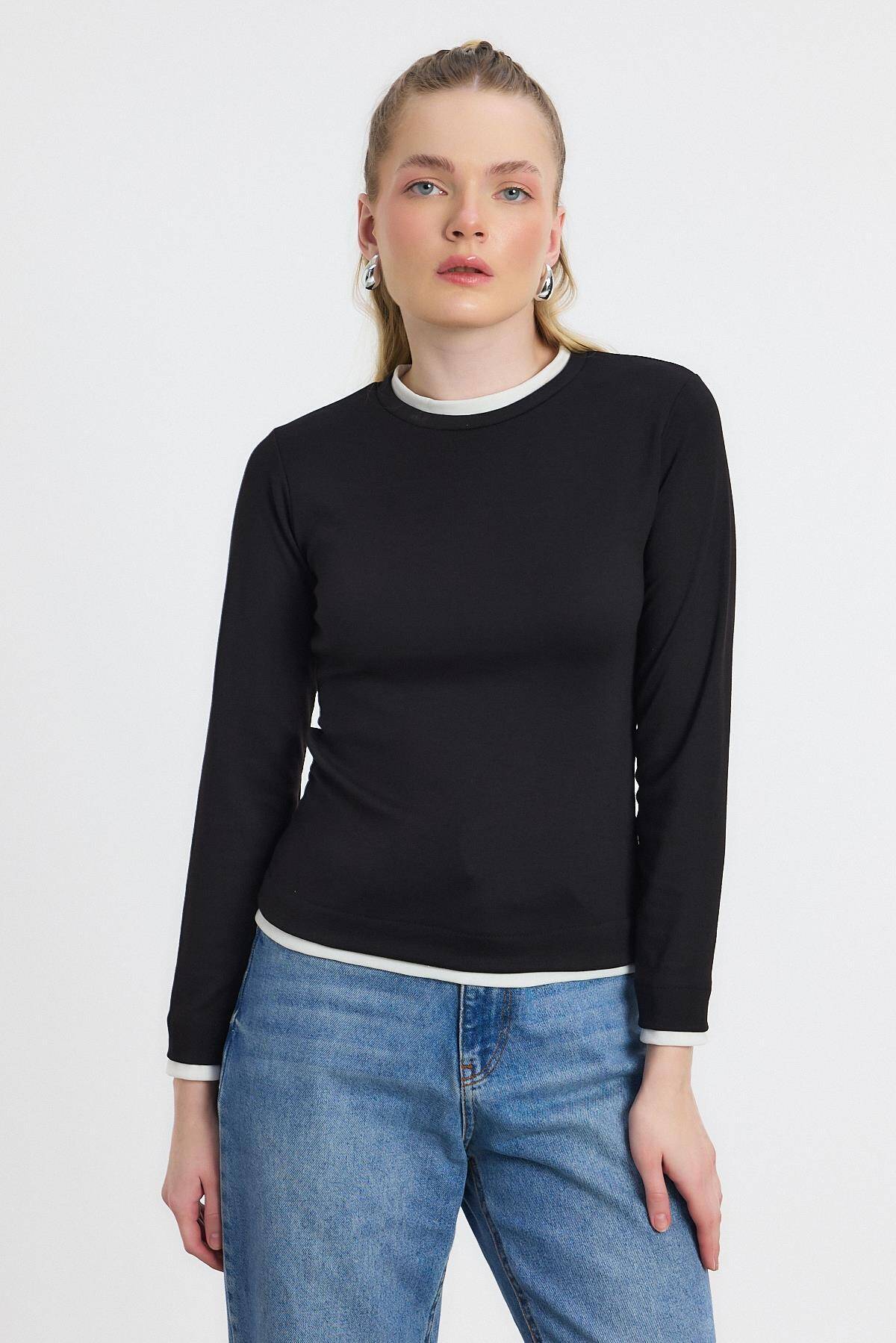 3011 Ribana Detay Uzun Kollu Bluz Siyah - Stilay