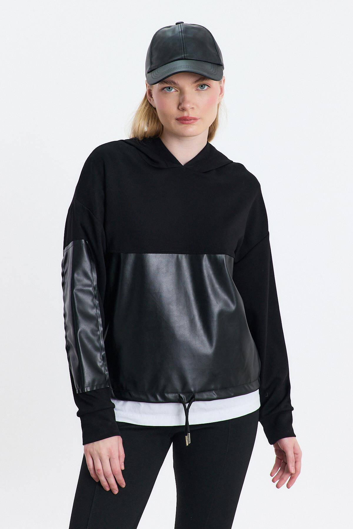 3012 Kapüşonlu Deri Detay Sweat Siyah - Stilay
