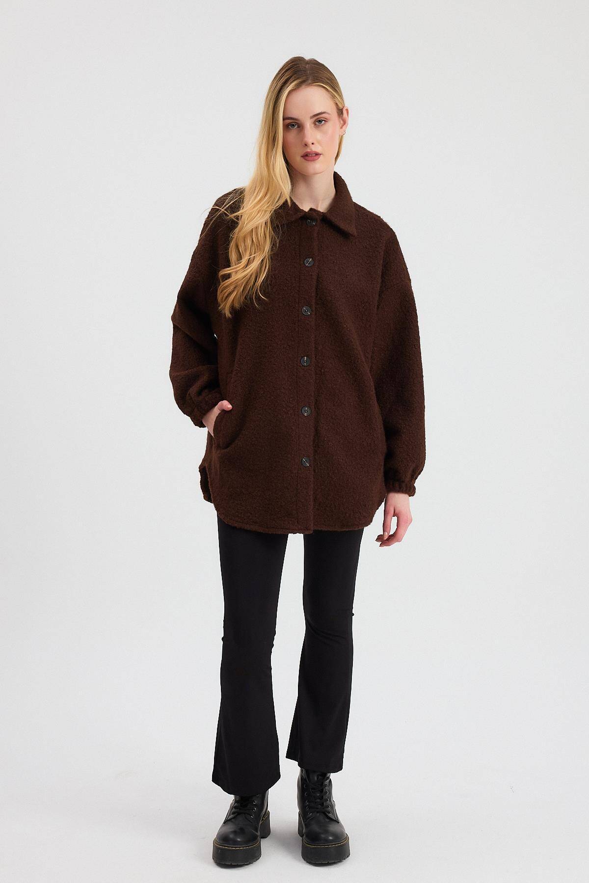 3014A Gömlek Yaka Düğmeli Ceket Kahve - 3