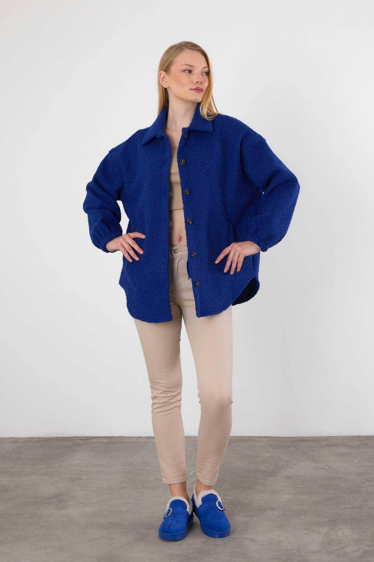 3014A Gömlek Yaka Düğmeli Ceket Saks - Stilay