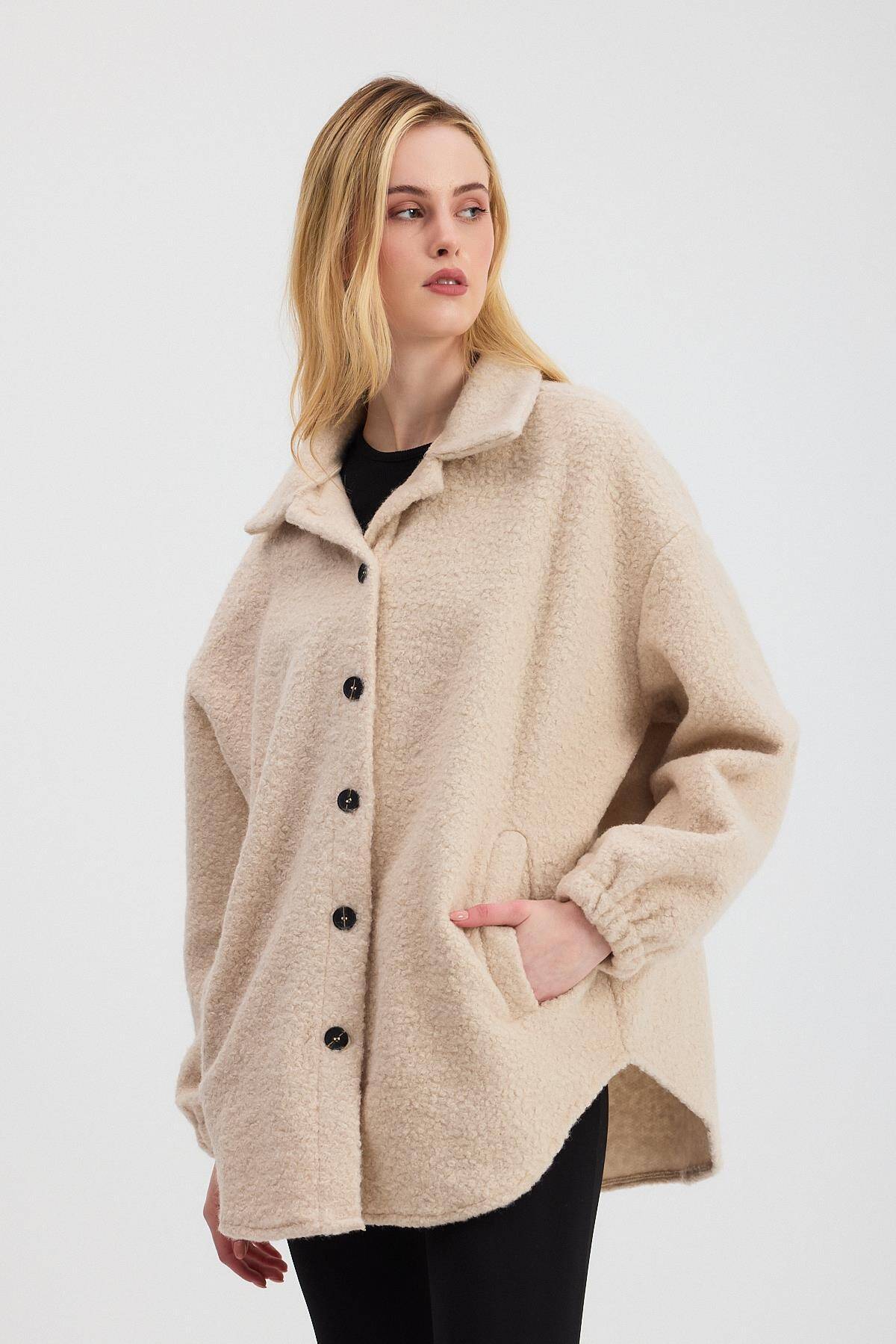 3014A Gömlek Yaka Düğmeli Ceket Taş - Stilay