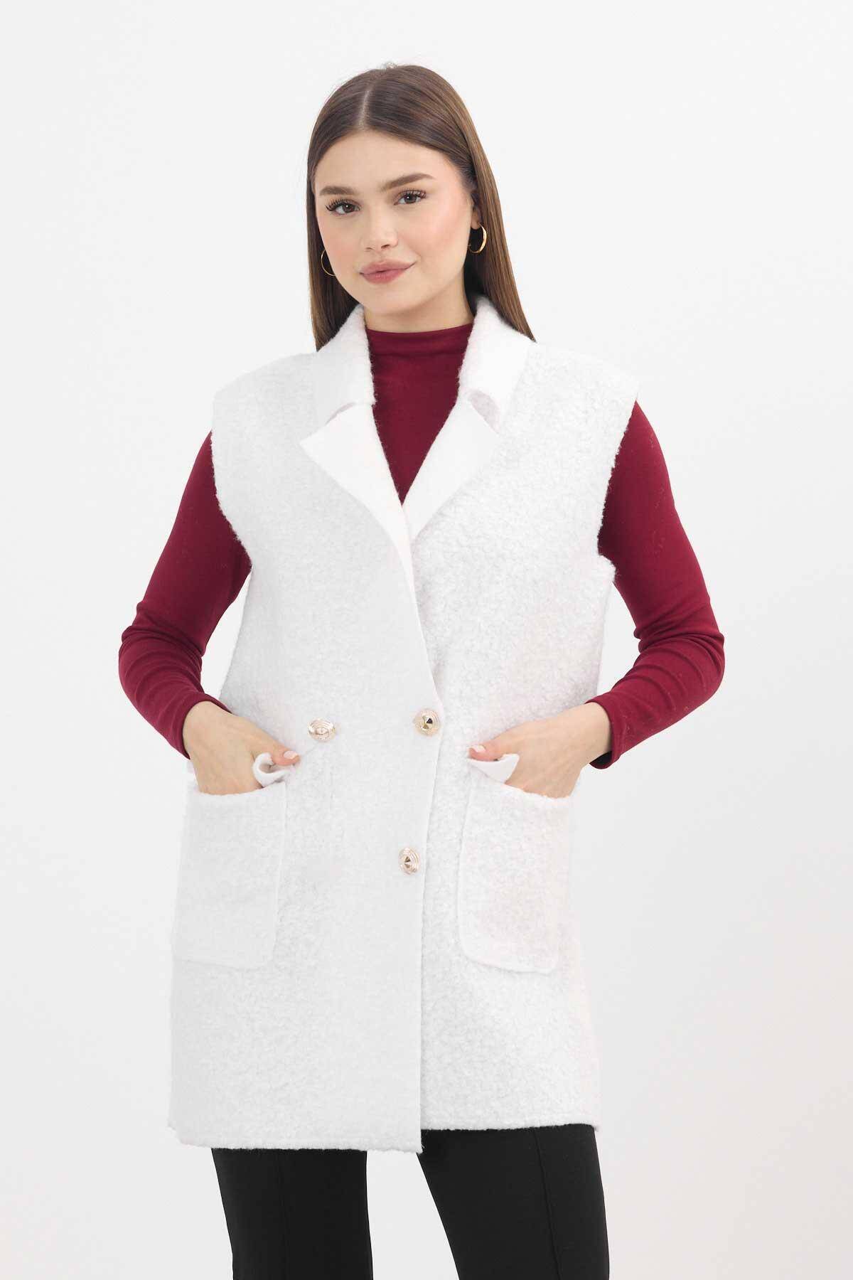 3016A Düğme Detay Buklet Yelek Ekru - 1