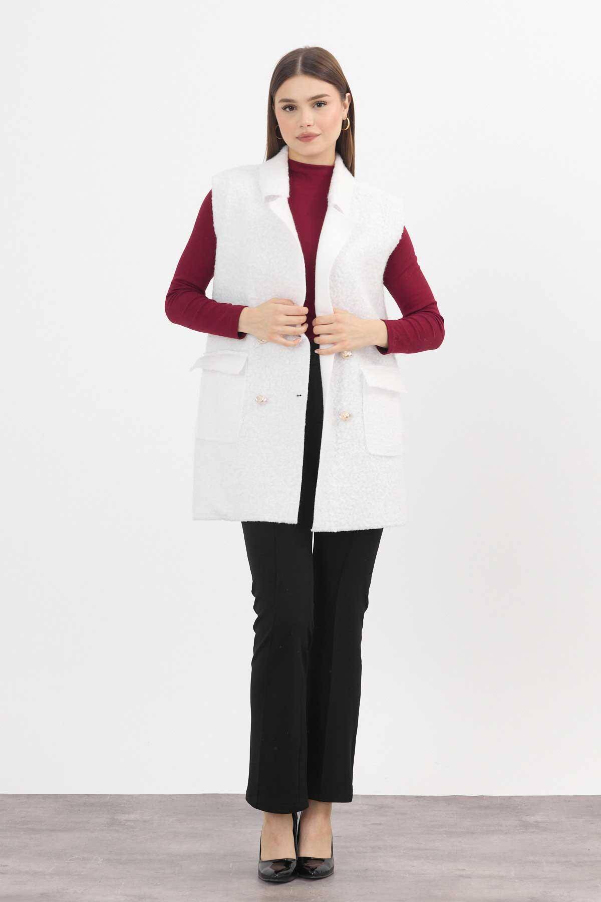 3016A Düğme Detay Buklet Yelek Ekru - Stilay