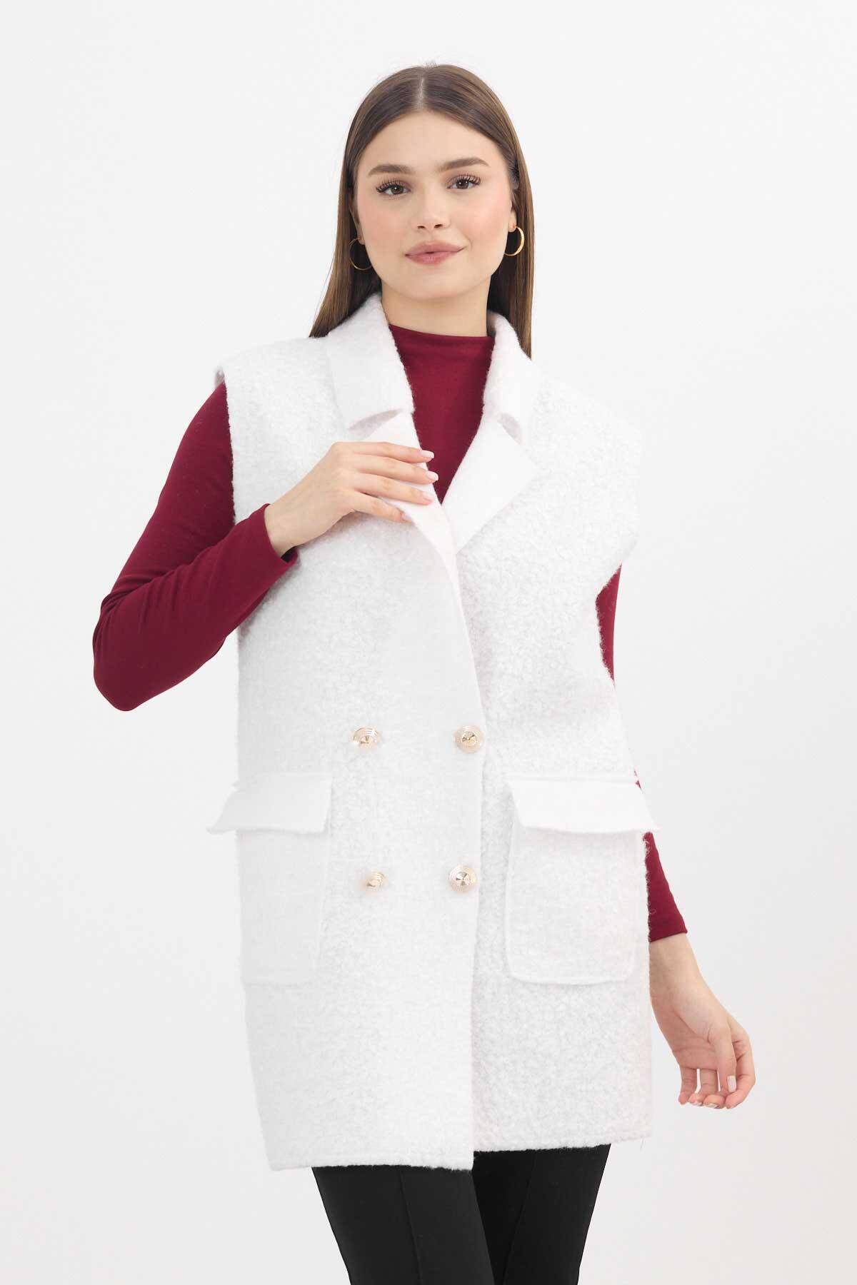 3016A Düğme Detay Buklet Yelek Ekru - 8