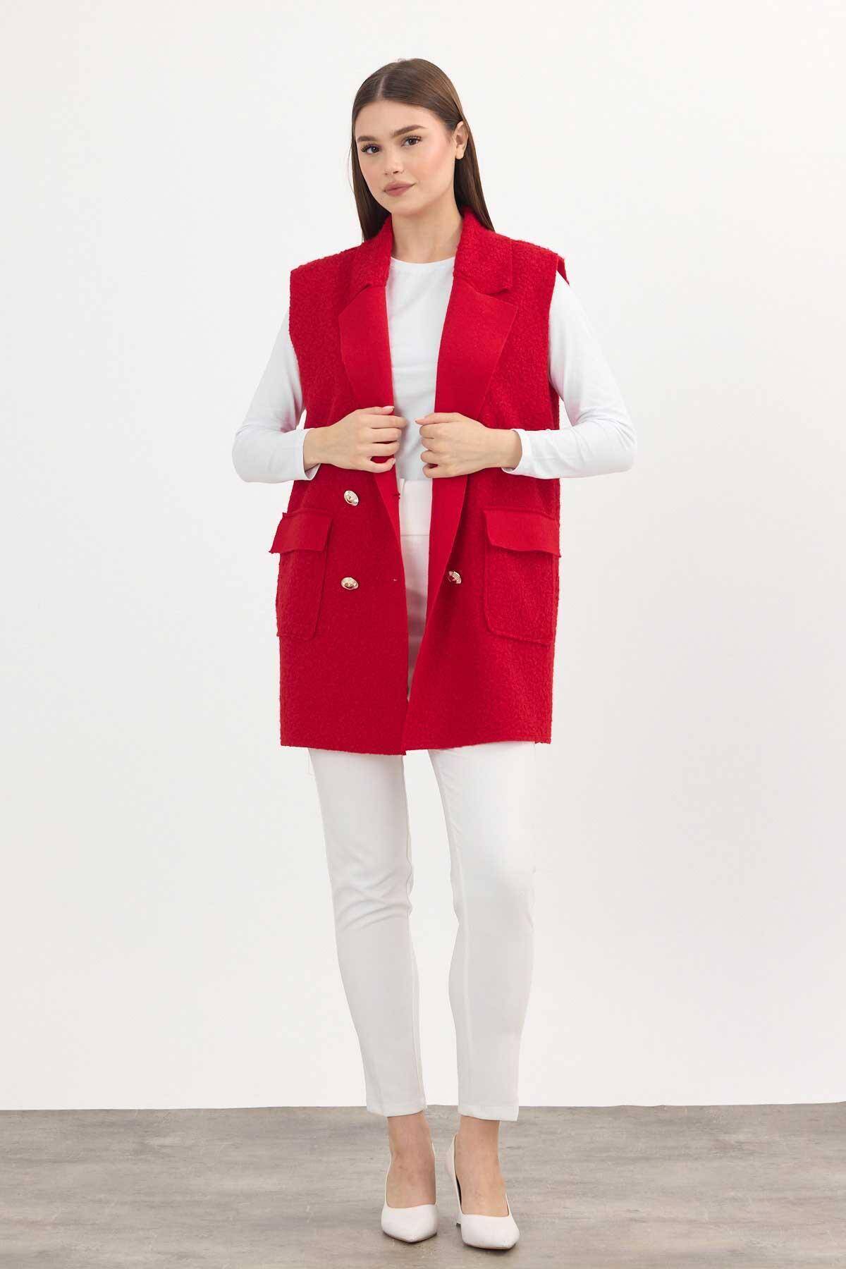 3016A Düğme Detay Buklet Yelek Kırmızı - Stilay